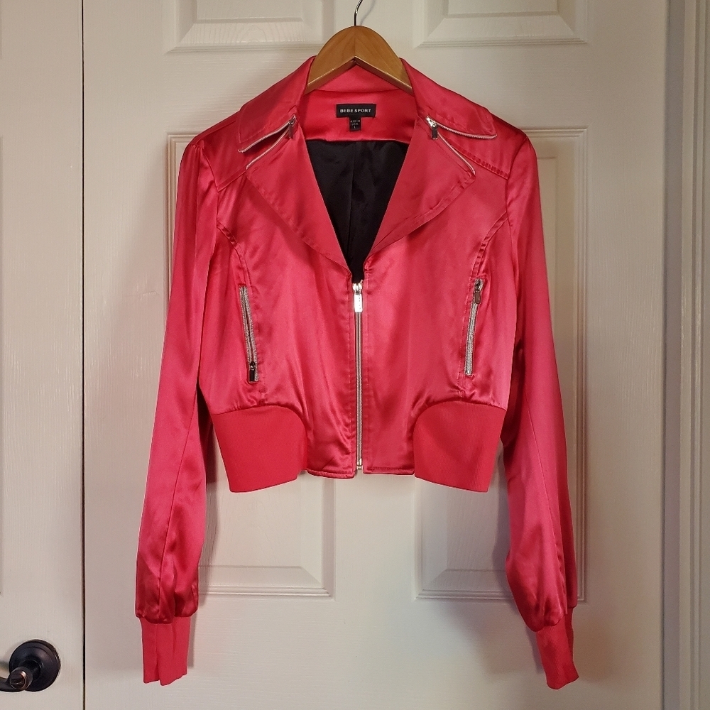 Bebe Silk Pink Jacket Satin Crop Front Zip Pockets Preppy Y2K Sze Large Shimmer